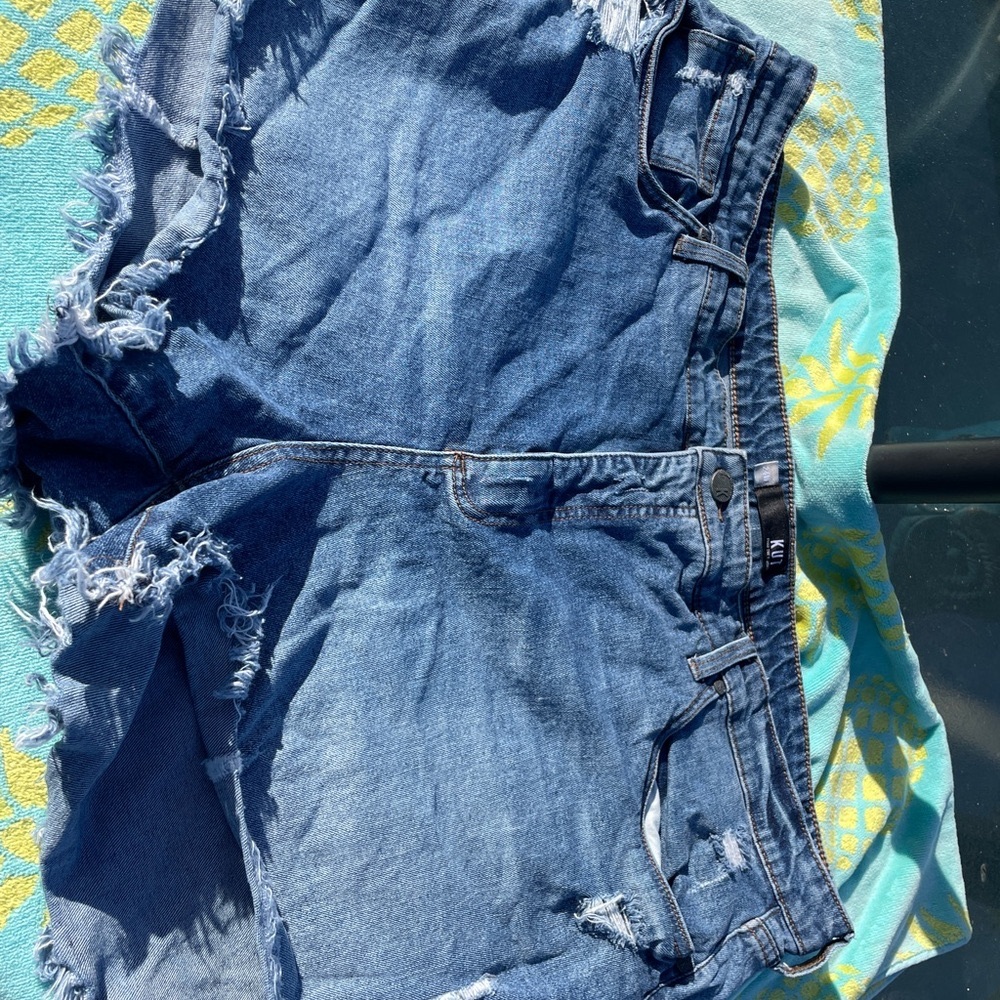 KUT from the Kloth Jane Distressed Momcore Country Blue Jean Shorts SZ 24W.